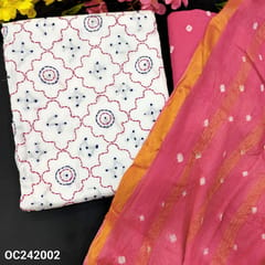 CODE OC242002 : White pure cotton unstitched salwar material, heavy thread work on front(thin fabric, lining needed)pink original bandhini dyed bottom, original bandhini dyed pure cotton dupatta with zari lines(REQUIRES TAPINGS).