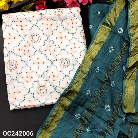 CODE OC242006 : White pure cotton unstitched salwar material, heavy thread work on front(thin fabric, lining needed)dark teal blue original bandhini dyed bottom, original bandhini dyed pure cotton dupatta with zari lines(REQUIRES TAPINGS).