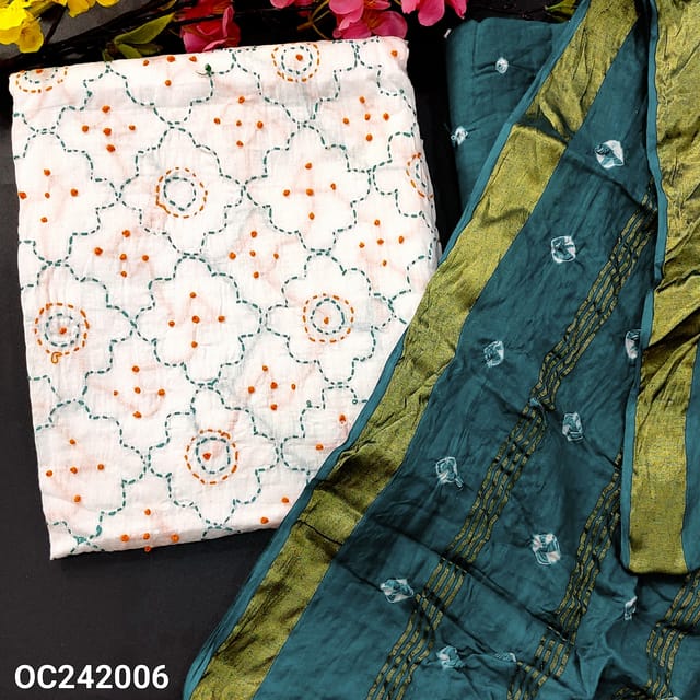 CODE OC242006 : White pure cotton unstitched salwar material, heavy thread work on front(thin fabric, lining needed)dark teal blue original bandhini dyed bottom, original bandhini dyed pure cotton dupatta with zari lines(REQUIRES TAPINGS).