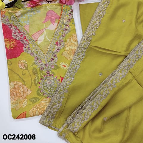 CODE OC242008 : Mehandhi green base floral printed pure maslin silk unstitched salwar material, v neck with heavy zari& sequins work(thin fabric, lining needed)matching bottom, premium soft silk cotton short width dupatta zari& sequins work.