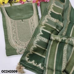 CODE OC242009 : Cement green with golden tint designer premium tissue organza silk unstitched salwar material, heavy zari& sequin work on yoke(lining needed)matching santoon bottom, pure tissue organza dupatta with banarasi zari weaving.