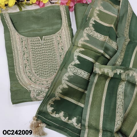 CODE OC242009 : Cement green with golden tint designer premium tissue organza silk unstitched salwar material, heavy zari& sequin work on yoke(lining needed)matching santoon bottom, pure tissue organza dupatta with banarasi zari weaving.