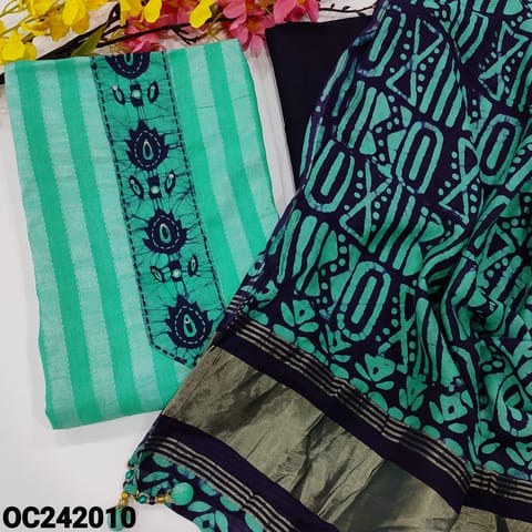 CODE OC242010 : Pastel blue kantha cotton unstitched salwar material, batik& faux mirror work on yoke(lining optional)dark blue cotton bottom, original wax batik silk cotton dupatta with gold tissue pallu.