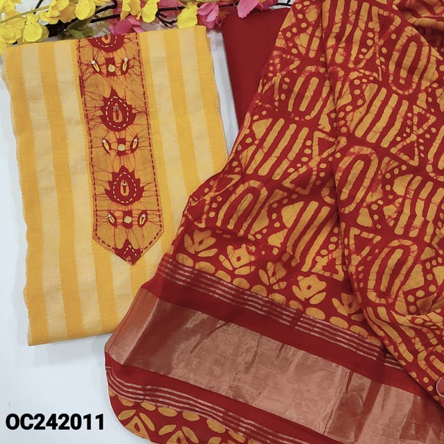 CODE OC242011 : Yellow kantha cotton unstitched salwar material, batik& faux mirror work on yoke(lining optional)red cotton bottom, original wax batik silk cotton dupatta with gold tissue pallu.