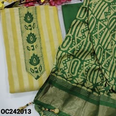 CODE OC242013 : Pastel yellow kantha cotton unstitched salwar material, batik& faux mirror work on yoke(lining optional)green cotton bottom, original wax batik silk cotton dupatta with gold tissue pallu.