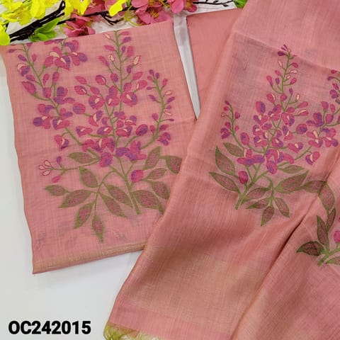 CODE OC242015 : Pastel pink premium silk cotton unstitched salwar material, jamdani woven on front(thin fabric, lining needed)matching silky bottom, silk cotton dupatta with jamdani weaving design, gold tissue pallu& tassels.