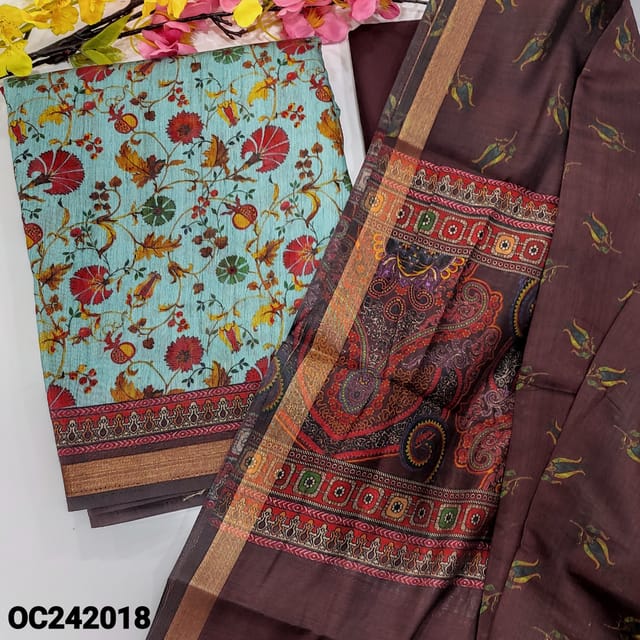 CODE OC242018 : Blue floral printed premium silk cotton unstitched salwar material(thin fabric, lining needed)deep wine purple spun cotton bottom, digital printed silk cotton full length dupatta.