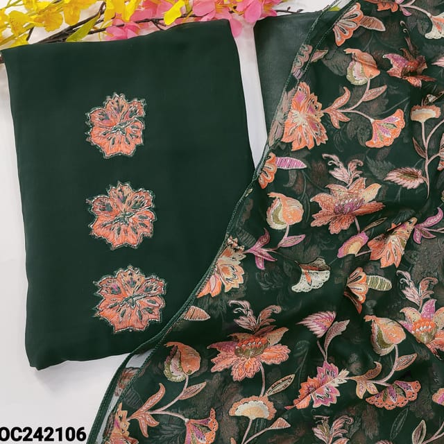 CODE OC242106 : Dark green semi georgette unstitched salwar material, applique& bead work on yoke(thin fabric, lining needed)matching silky fabric provided for both bottom& lining, brasso chiffon dupatta.