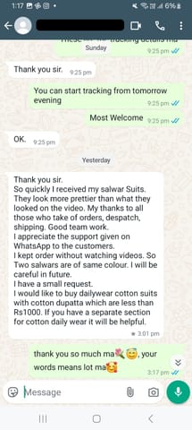 Thank you sir, so quickly i received my salwar suits. They look more prettier than what they looked on the video. My thanks to all those who take of orders, dispatch, shipping. good team work - Reviewed on 28 OCT -2024