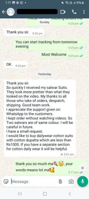 Thank you sir, so quickly i received my salwar suits. They look more prettier than what they looked on the video. My thanks to all those who take of orders, dispatch, shipping. good team work - Reviewed on 28 OCT -2024