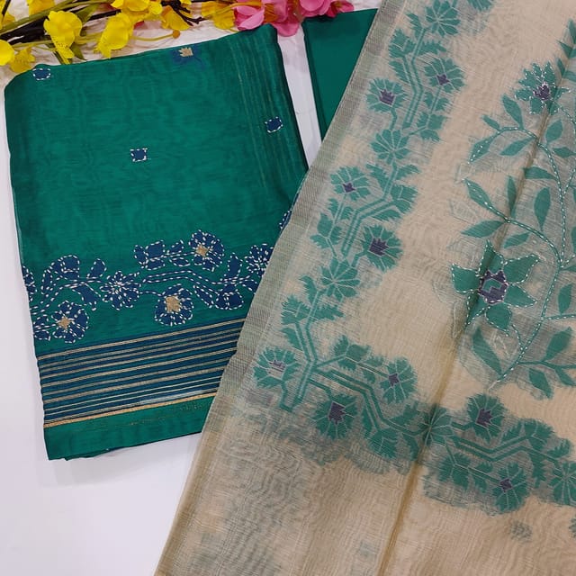 CODE NV2407041 : Turquoise blue designer jamdani woven with rich hand kantha stitched silk cotton unstitched salwar material(thin fabric, lining needed)matching soft cotton bottom, jamdani woven silk cotton dupatta with tassels.