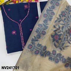 CODE NV241701 : Dark blue jamdani woven premium silk cotton unstitched salwar material, bead& faux mirror work on yoke(thin fabric, lining needed)matching cotton bottom, jamdani woven silk cotton dupatta with tassels.