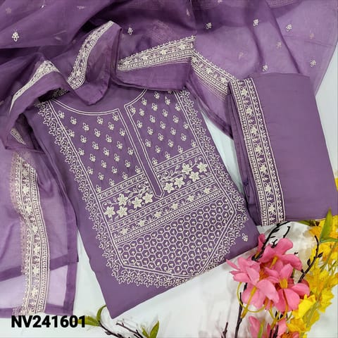 CODE NV241601 : Light purple soft silk cotton unstitched salwar material, thread embroidered& bead work on yoke& front(lining needed)matching soft silk cotton bottom, embroidered fancy organza dupatta.