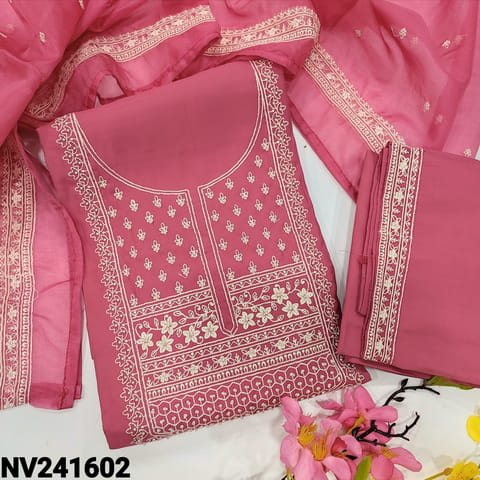 CODE NV241602 : Bright pink soft silk cotton unstitched salwar material, thread embroidered& bead work on yoke& front(lining needed)matching soft silk cotton bottom, embroidered fancy organza dupatta.