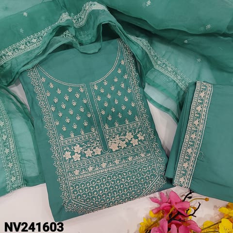 CODE NV241603 : Blue soft silk cotton unstitched salwar material, thread embroidered& bead work on yoke& front(lining needed)matching soft silk cotton bottom, embroidered fancy organza dupatta.