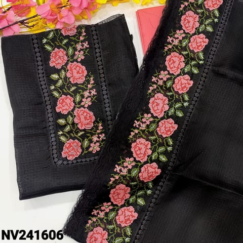 CODE NV241606 : Black fancy kota unstitched salwar material, cross stitch embroidered& lace work on yoke(netted fabric, lining needed)pink silky bottom, cross stitch embroidered fancy kota dupatta with lace work.