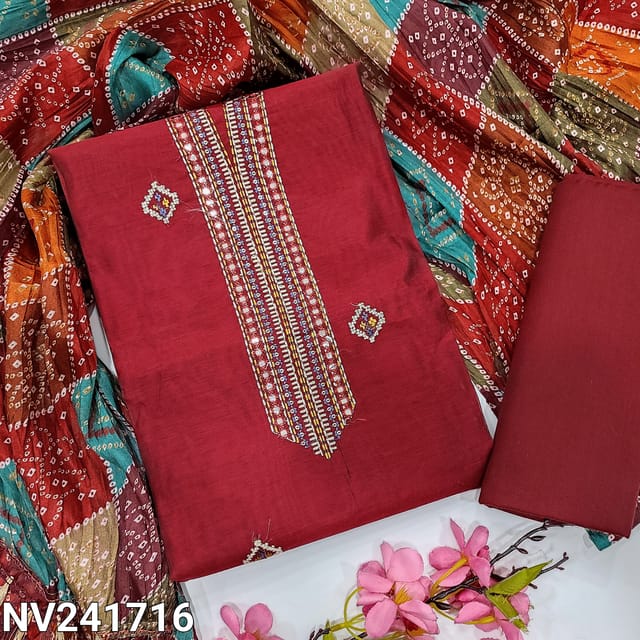 CODE NV241716 : Dark maroon fancy silk cotton unstitched salwar material, thread, sequins& faux mirror work on yoke(thin fabric, lining needed)matching cotton bottom, bandhini printed crinkled fancy silk cotton dupatta with tassels.