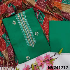 CODE NV241717 : Dark turquoise green fancy silk cotton unstitched salwar material, thread, sequins& faux mirror work on yoke(thin fabric, lining needed)matching cotton bottom, bandhini printed crinkled fancy silk cotton dupatta with tassels.