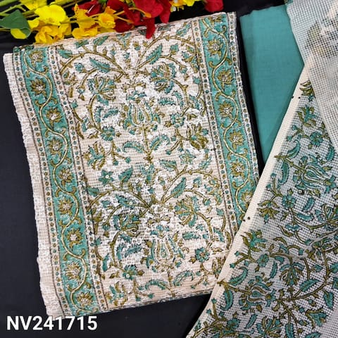 CODE NV241715 : Half white base fancy super net unstitched salwar material, self embroidered on front(netted fabric, lining needed)pastel blue cotton bottom, block printed fancy super net dupatta.