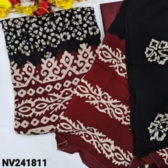 CODE NV241811 : Black original batik dyed pure crepe georgette unstitched salwar material(thin fabric, lining needed)dark maroon daman, dark maroon silky bottom, pure crepe georgette dupatta with batik design.