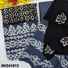 CODE NV241813 : Black original batik dyed pure crepe georgette unstitched salwar material(thin fabric, lining needed)grey daman, grey silky bottom, pure crepe georgette dupatta with batik design.