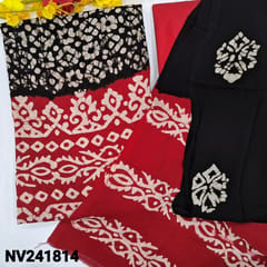 CODE NV241814 : Black original batik dyed pure crepe georgette unstitched salwar material(thin fabric, lining needed)reddish maroon daman, reddish maroon silky bottom, pure crepe georgette dupatta with batik design.