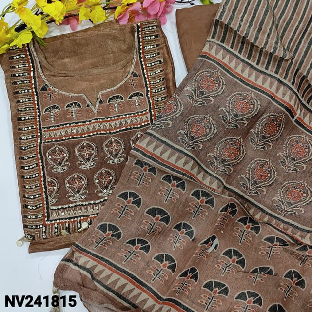 CODE NV241815 : Chocolate brown with golden tint designer tissue organza silk unstitched salwar material, ajrak printed yoke with zardozi& sequins work(lining needed)matching santoon bottom, printed tissue organza short with dupatta.