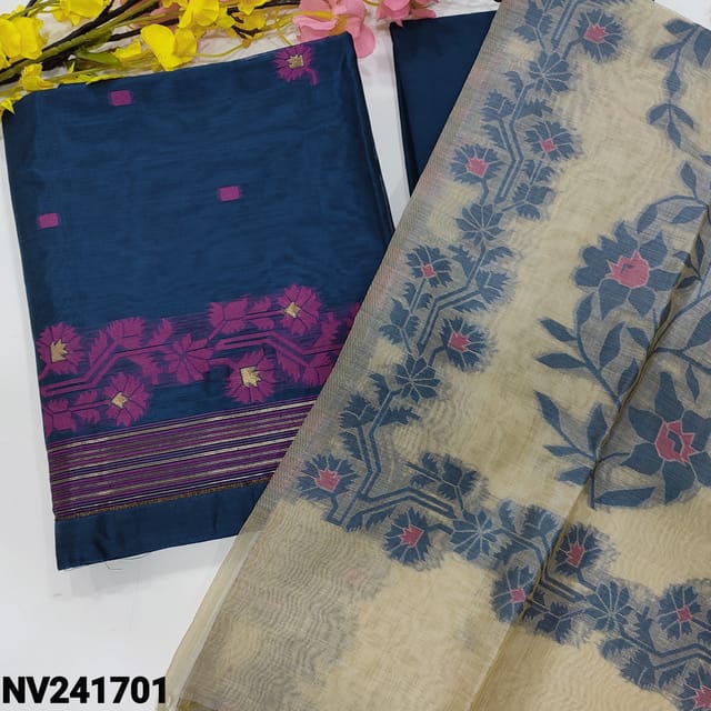 CODE NV241701 : Dark blue jamdani woven premium silk cotton unstitched salwar material, bead& faux mirror work on yoke(thin fabric, lining needed)matching cotton bottom, jamdani woven silk cotton dupatta with tassels.