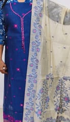 CODE NV241701 : Dark blue jamdani woven premium silk cotton unstitched salwar material, bead& faux mirror work on yoke(thin fabric, lining needed)matching cotton bottom, jamdani woven silk cotton dupatta with tassels.