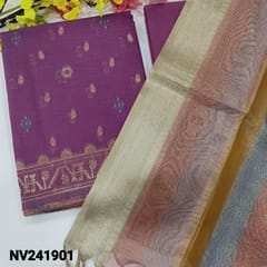 CODE NV241901 : Dual shaded purple silk cotton unstitched salwar material, meenakari zari weaving all over(thin fabric, lining needed)matching drum dyed cotton bottom, multi color tissue silk cotton dupatta with banarasi zari woven borders.