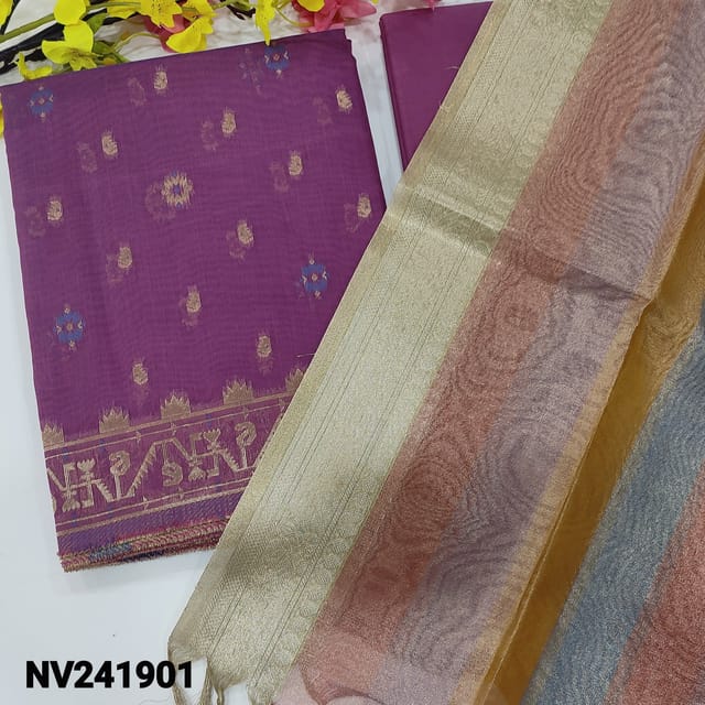 CODE NV241901 : Dual shaded purple silk cotton unstitched salwar material, meenakari zari weaving all over(thin fabric, lining needed)matching drum dyed cotton bottom, multi color tissue silk cotton dupatta with banarasi zari woven borders.