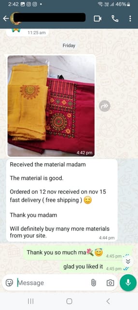 The material is good, fast delivery& free shipping, thank you madam, will definitely buy many more materials from your site.- Reviewed on  15 NOV -2024