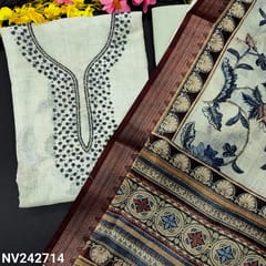 CODE NV242714 : designer semi linen unstitched salwar material, bead& stone work on yoke(thin fabric, lining needed)floral printed on daman, matching cotton bottom, digital printed semi linen dupatta with tissue borders.