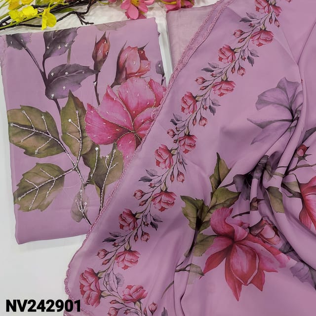 CODE NV242901 : Light purple digital printed semi georgette unstitched salwar material, bead, zari& sequins work on front(thin fabric, lining needed)matching silky fabric provided for both bottom& lining, floral printed semi georgette dupatta.