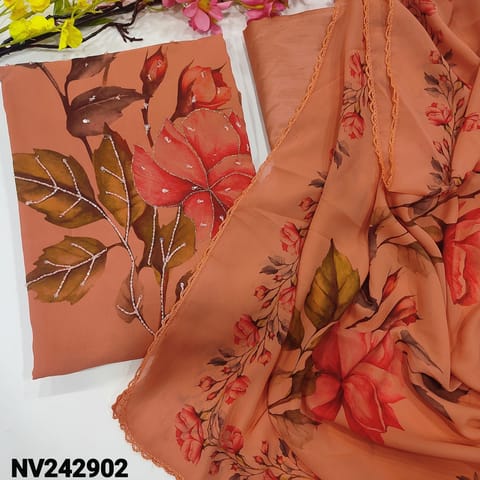 CODE NV242902 : Dark peach digital printed semi georgette unstitched salwar material, bead, zari& sequins work on front(thin fabric, lining needed)matching silky fabric provided for both bottom& lining, floral printed semi georgette dupatta.