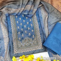 CODE NV243003 : Bluish grey &honey brown dual shaded digital printed fancy silk cotton unstitched salwar material, zardozi& bead work on yoke(thin fabric, lining needed)blue silky bottom, dual shaded fancy silk cotton dupatta.