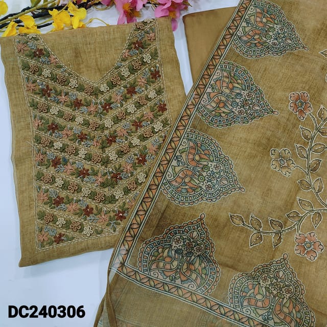 CODE DC240306 : Mehandhi green with golden tint premium tissue linen unstitched salwar material, heavy hand embroidered on yoke(thin fabric, lining needed)matching santoon bottom, printed tissue linen dupatta with hand embroidered.