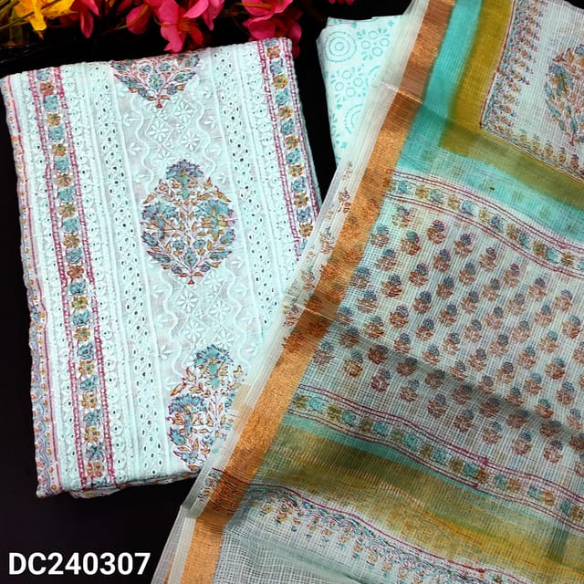 CODE DC240307 : Pastel blue block printed chikankari embroidered mul cotton unstitched salwar material, panel pattern on front(thin fabric, lining needed)block printed cotton bottom, block printed kota cotton dupatta with gold tissue border: