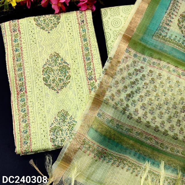 CODE DC240308 : Light green block printed chikankari embroidered mul cotton unstitched salwar material, panel pattern on front(thin fabric, lining needed)block printed cotton bottom, block printed kota cotton dupatta with gold tissue border: