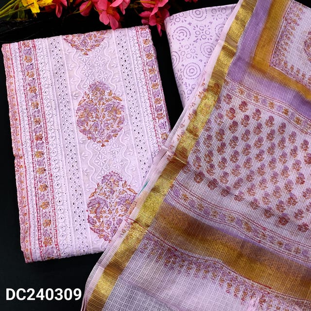 CODE DC240309 : Lavender block printed chikankari embroidered mul cotton unstitched salwar material, panel pattern on front(thin fabric, lining needed)block printed cotton bottom, block printed kota cotton dupatta with gold tissue border: