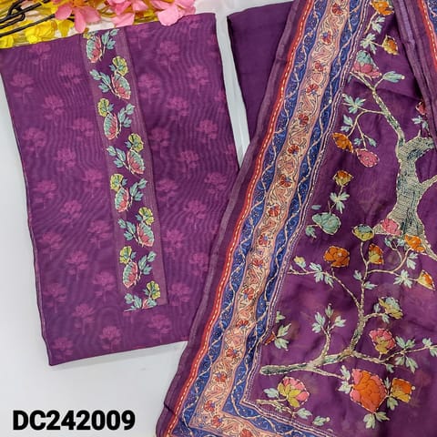 CODE DC242009 : Dark purple sobar digital printed silk cotton unstitched salwar material, kantha stitch on yoke(thin fabric, lining needed)matching santoon bottom, digital printed silk cotton dupatta with embroidered.