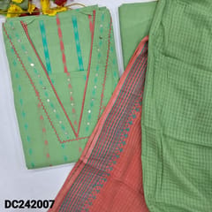 CODE DC242007 : Pastel green premium dobby cotton unstitched salwar material, v neck with lace &sequins work, thread woven buttas all over(thin fabric, lining needed)matching cotton bottom, block printed dual shaded pure cotton dupatta