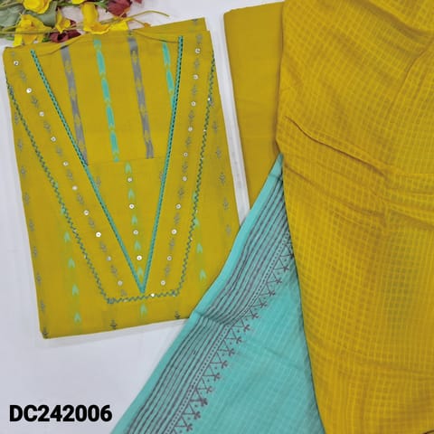 CODE DC242006 : Bright mehandhi yellow premium dobby cotton unstitched salwar material, v neck with lace &sequins work, thread woven buttas all over(thin fabric, lining needed)matching cotton bottom, block printed dual shaded pure cotton dupatta