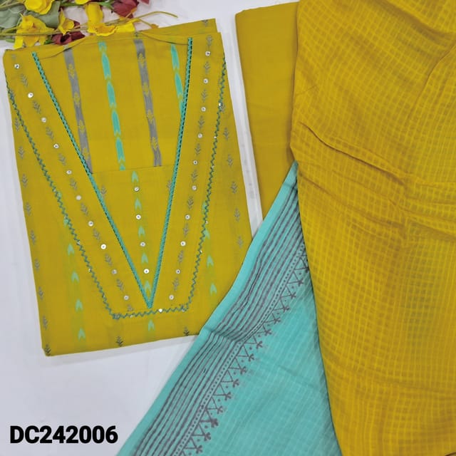 CODE DC242006 : Bright mehandhi yellow premium dobby cotton unstitched salwar material, v neck with lace &sequins work, thread woven buttas all over(thin fabric, lining needed)matching cotton bottom, block printed dual shaded pure cotton dupatta