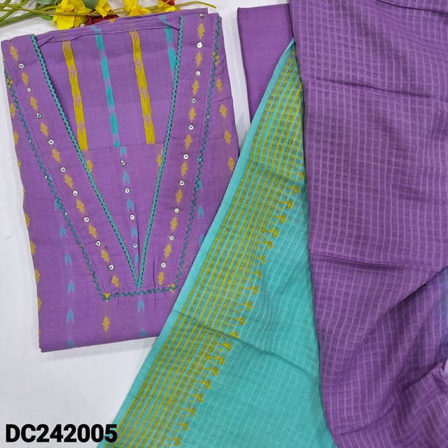 CODE DC242005 : Light purple premium dobby cotton unstitched salwar material, v neck with lace &sequins work, thread woven buttas all over(thin fabric, lining needed)matching cotton bottom, block printed dual shaded pure cotton dupatta