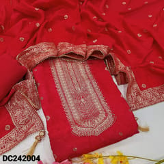 CODE DC242004 : Red jakard dola silk unstitched salwar material, zari work on yoke& front, self design all over(silky fabric, lining needed)matching santoon bottom, dola silk dupatta with zari woven buttas& borders.