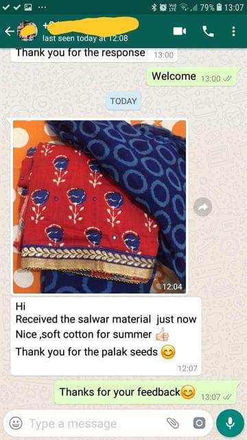 Received the salwar materiel.. Just now nice... soft cotton for summer good... Thank you for the palak seeds.  - Reviewed on 20-Feb-2019