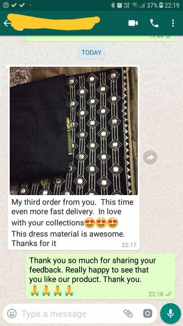 My third order from you... This time even more fast delivery... I love with your collections... This dress material is awesome... Thanks for it. - Reviewed on 25-Feb-2019