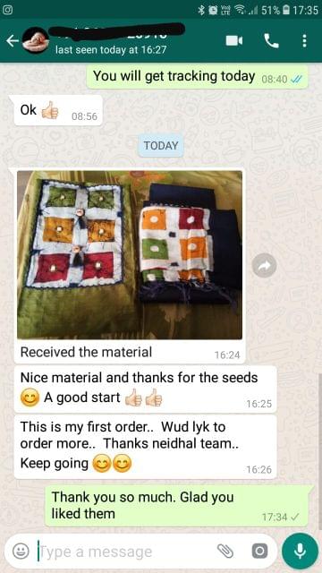 Received the material... Nice material... And thanks for the seeds... A good start good... This is my first order... Would like to order more... Thanks Neidhal team... Keep going.  -Reviewed on 02-Mar-2019
