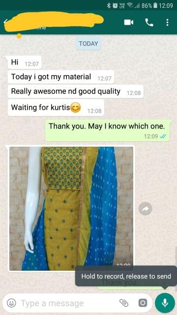 Today i got my material... Really awesome, And good quality... Waiting for Kurtis.  -Reviewed on 06-Mar-2019